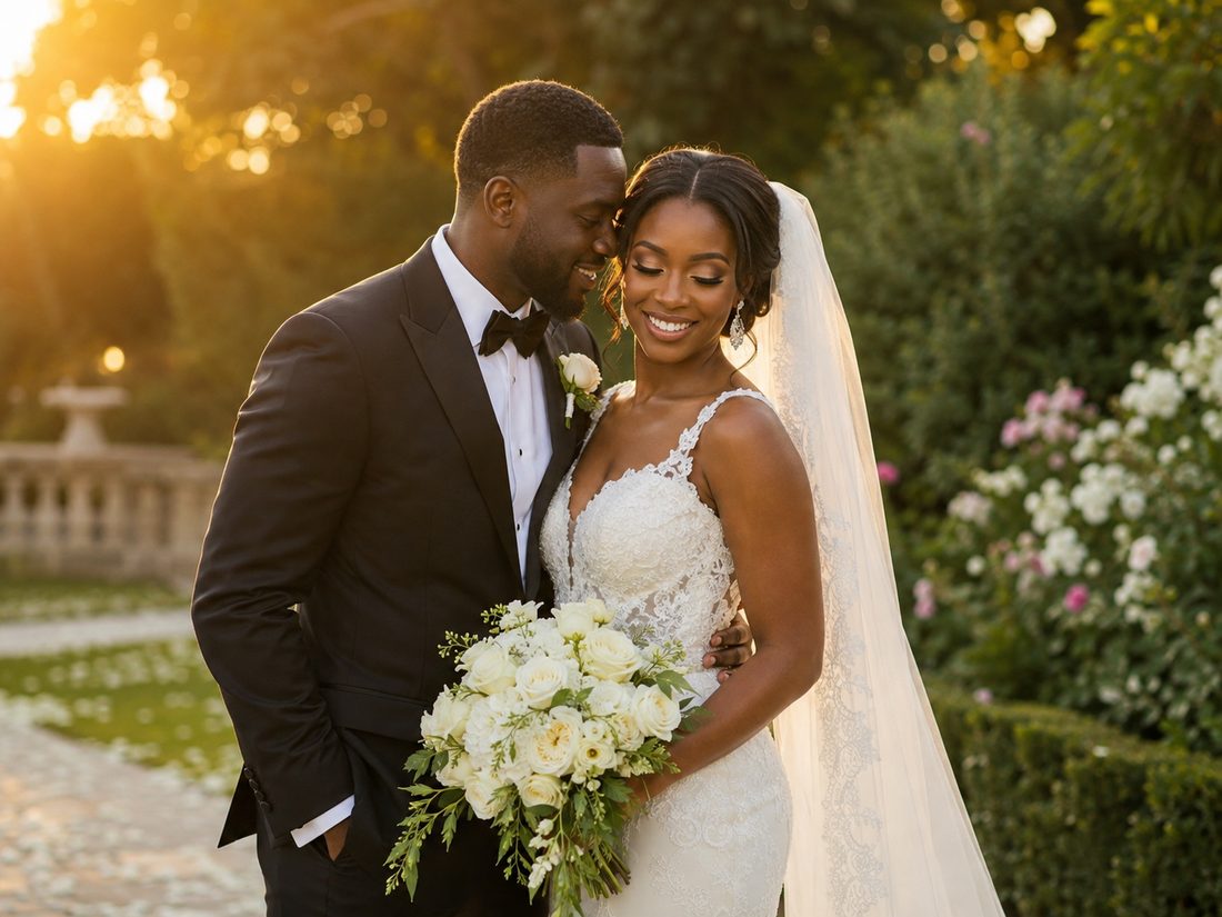 Golden hour couple in a garden